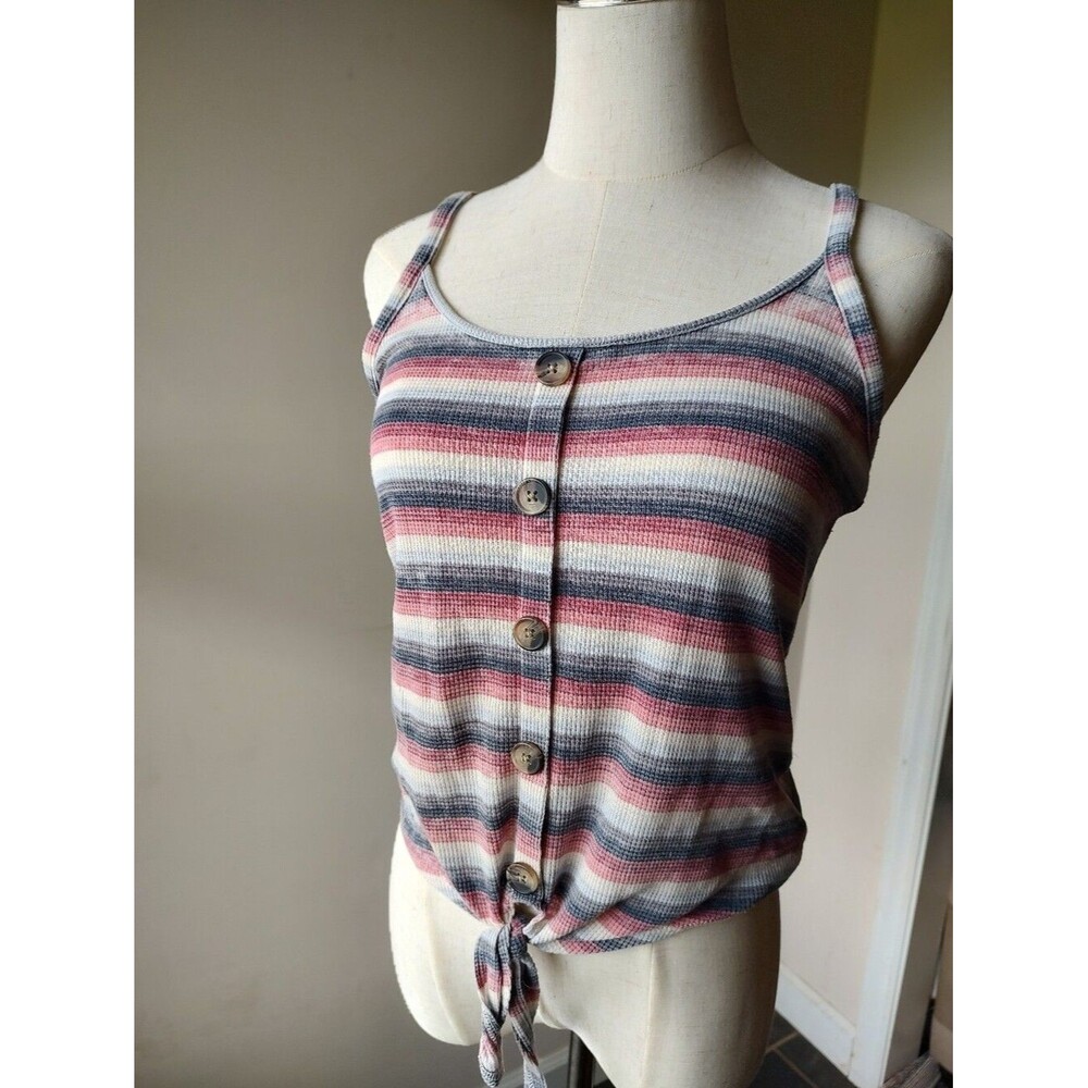 American Eagle Outfitters Pink & Gray Striped Button-Front Tie-Hem Cami Tank Sm